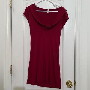 Maroon shirt dress with hoodie and cowl neck.
